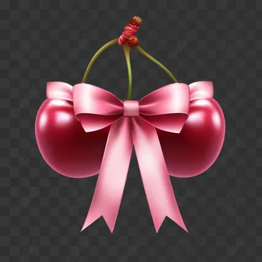 Two red cherries with a pink ribbon bow, in a clipart style, isolated on a white background.