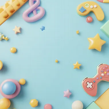 A fun and colorful casual game background with a playful design. The background has a soft pastel color scheme with a grid pattern, floating game-related objects such as controllers, coins, stars, buttons, and power-ups. The design is minimalistic but engaging, with smooth gradients and a slight 3D effect to add depth. The scene is bright and cheerful, evoking a friendly and enjoyable gaming atmosphere. The edges have scattered gaming icons, leaving space in the center for UI elements or characters.