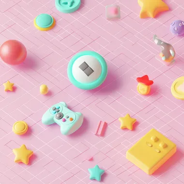 A fun and colorful casual game background with a playful design. The background has a soft pastel color scheme with a grid pattern, floating game-related objects such as controllers, coins, stars, buttons, and power-ups. The design is minimalistic but engaging, with smooth gradients and a slight 3D effect to add depth. The scene is bright and cheerful, evoking a friendly and enjoyable gaming atmosphere. The edges have scattered gaming icons, leaving space in the center for UI elements or characters.