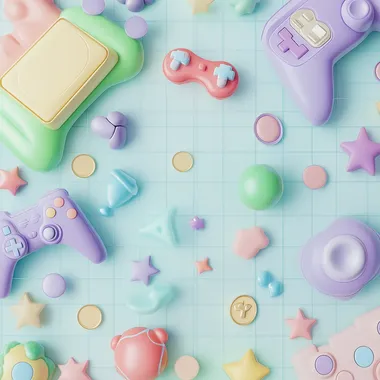 A fun and colorful casual game background with a playful design. The background has a soft pastel color scheme with a grid pattern, floating game-related objects such as controllers, coins, stars, buttons, and power-ups. The design is minimalistic but engaging, with smooth gradients and a slight 3D effect to add depth. The scene is bright and cheerful, evoking a friendly and enjoyable gaming atmosphere. The edges have scattered gaming icons, leaving space in the center for UI elements or characters.