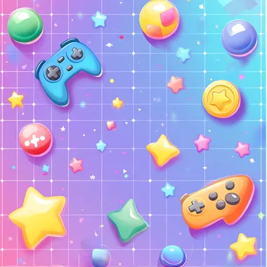 A fun and colorful casual game background with a playful design. The background has a soft pastel color scheme with a grid pattern, floating game-related objects such as controllers, coins, stars, buttons, and power-ups. The design is minimalistic but engaging, with smooth gradients and a slight 3D effect to add depth. The scene is bright and cheerful, evoking a friendly and enjoyable gaming atmosphere. The edges have scattered gaming icons, leaving space in the center for UI elements or characters.
