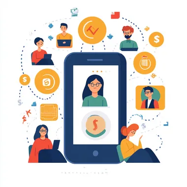 social network for investing, in style of cartoon with white background, showing people icons network