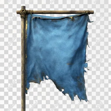 a blue tattered banner on a pole. No background.