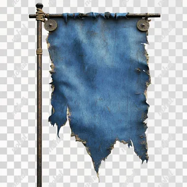 a blue tattered banner on a pole. No background.