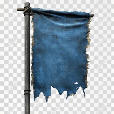 a blue tattered banner on a pole. No background.