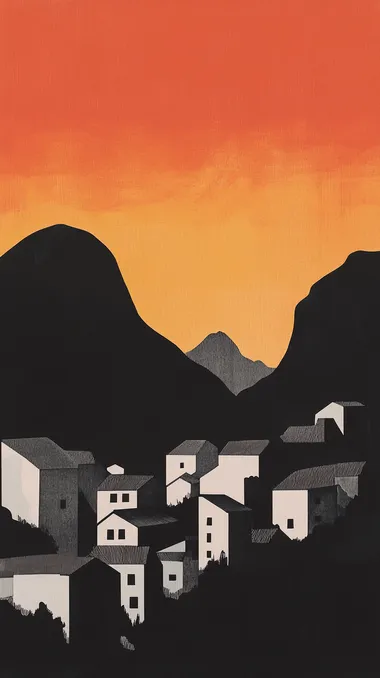 book cover with simple shapes of two rounded hills in the foreground and an alpine town at sunset, orange sky, black buildings, white roofed roofs, silhouette of cityscape on page, hand drawn illustration by John Holcroft for woodblock print muted reds, yellows and grey on archive paper