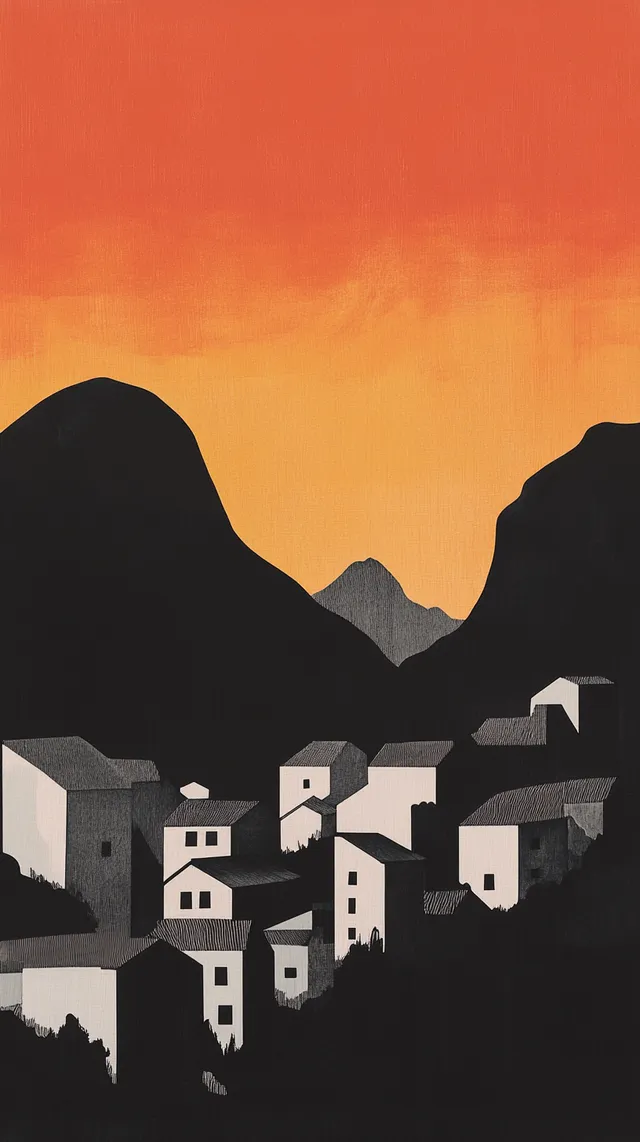 Alpine Town at Sunset with Rounded Hills and Silhouette Cityscape