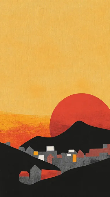book cover with simple shapes of two rounded hills in the foreground and an alpine town at sunset, orange sky, black buildings, white roofed roofs, silhouette of cityscape on page, hand drawn illustration by John Holcroft for woodblock print muted reds, yellows and grey on archive paper