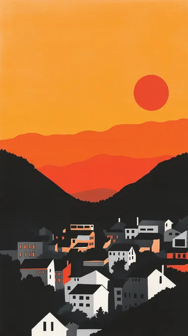 book cover with simple shapes of two rounded hills in the foreground and an alpine town at sunset, orange sky, black buildings, white roofed roofs, silhouette of cityscape on page, hand drawn illustration by John Holcroft for woodblock print muted reds, yellows and grey on archive paper