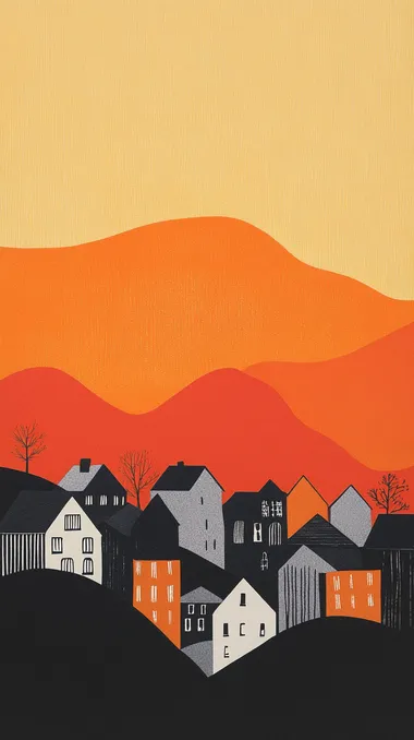book cover with simple shapes of two rounded hills in the foreground and an alpine town at sunset, orange sky, black buildings, white roofed roofs, silhouette of cityscape on page, hand drawn illustration by John Holcroft for woodblock print muted reds, yellows and grey on archive paper