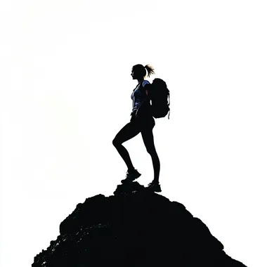Silhouette of a fit woman standing on top of a peak, minimalist, hiking gear, light and shadows