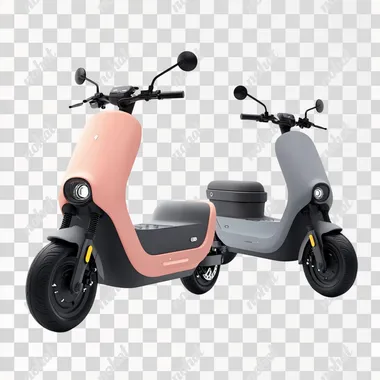 Cute electric scooter with storage compartment, in peach and grey color scheme, minimalist design, white background, front and side view, natural lighting, HD details, high resolution photography.