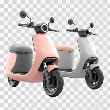 Cute electric scooter with storage compartment, in peach and grey color scheme, minimalist design, white background, front and side view, natural lighting, HD details, high resolution photography.