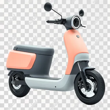 Cute electric scooter with storage compartment, in peach and grey color scheme, minimalist design, white background, front and side view, natural lighting, HD details, high resolution photography.