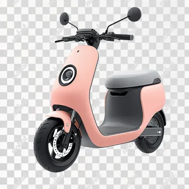 Cute electric scooter with storage compartment, in peach and grey color scheme, minimalist design, white background, front and side view, natural lighting, HD details, high resolution photography.