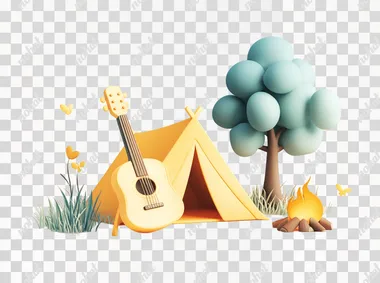 A 3D illustration of a camping scene with a tent, a campfire, and a guitar leaning against a tree, isolated on white.   j4ycx25