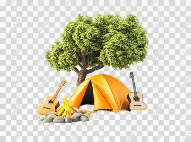 A 3D illustration of a camping scene with a tent, a campfire, and a guitar leaning against a tree, isolated on white.   j4ycx25