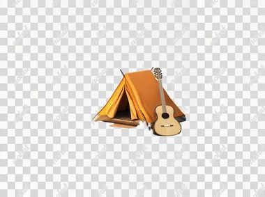 A 3D illustration of a camping scene with a tent, a campfire, and a guitar leaning against a tree, isolated on white.   j4ycx25