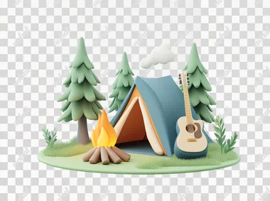 A 3D illustration of a camping scene with a tent, a campfire, and a guitar leaning against a tree, isolated on white.   j4ycx25