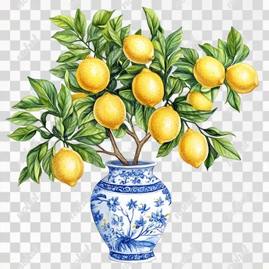 beautiful illustration of a lemon tree, with vivid yellow lemons on, in a blue chinoiserie toile blue and white vase, detailed leaves ornate realistic textured elements, vintage style, pretty, isolated on white background
