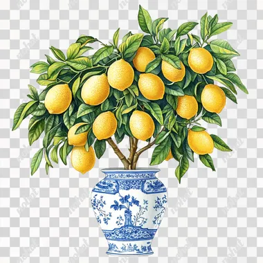 beautiful illustration of a lemon tree, with vivid yellow lemons on, in a blue chinoiserie toile blue and white vase, detailed leaves ornate realistic textured elements, vintage style, pretty, isolated on white background
