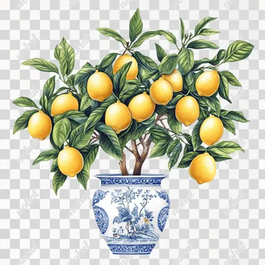 beautiful illustration of a lemon tree, with vivid yellow lemons on, in a blue chinoiserie toile blue and white vase, detailed leaves ornate realistic textured elements, vintage style, pretty, isolated on white background