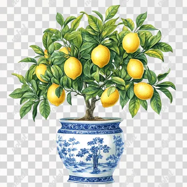 beautiful illustration of a lemon tree, with vivid yellow lemons on, in a blue chinoiserie toile blue and white vase, detailed leaves ornate realistic textured elements, vintage style, pretty, isolated on white background