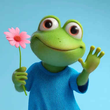 3D rendering of a cute green frog character wearing a blue t-shirt and holding a pink flower, smiling and waving to the camera. The style is cartoon-like, with a clay-based material texture. The background is clean, and the lighting is studio-quality, created using the Octane render engine for the highest possible quality. --s 50