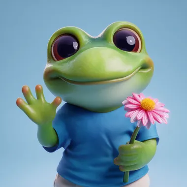 3D rendering of a cute green frog character wearing a blue t-shirt and holding a pink flower, smiling and waving to the camera. The style is cartoon-like, with a clay-based material texture. The background is clean, and the lighting is studio-quality, created using the Octane render engine for the highest possible quality. --s 50