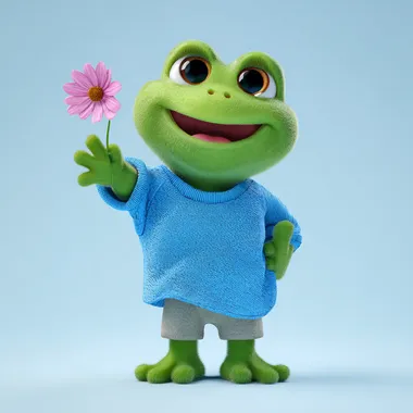 3D rendering of a cute green frog character wearing a blue t-shirt and holding a pink flower, smiling and waving to the camera. The style is cartoon-like, with a clay-based material texture. The background is clean, and the lighting is studio-quality, created using the Octane render engine for the highest possible quality. --s 50