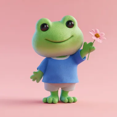 3D rendering of a cute green frog character wearing a blue t-shirt and holding a pink flower, smiling and waving to the camera. The style is cartoon-like, with a clay-based material texture. The background is clean, and the lighting is studio-quality, created using the Octane render engine for the highest possible quality. --s 50