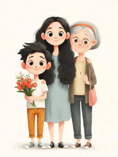 Cute cartoon photo of three generations of parents and children, full of smiles and happiness. The little boy is wearing a white short-sleeved shirt with orange pants underneath. He has black hair, black eyes, fair skin, slender legs, white shoes, a bouquet of carnations in his hands, and gray pants. His mother has a slightly plump face, long black curly hair that reaches her shoulders, a light blue dress with a slightly flared hem, and a small pink handbag on one arm. His grandmother is in her fifties, wearing a dress, a headband on her black hair, black eyes, and is very happy. They stand together, with the little boy in the middle, with the grandmother on one side and the mother on the other.  --s 250