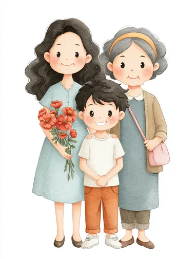 Cute cartoon photo of three generations of parents and children, full of smiles and happiness. The little boy is wearing a white short-sleeved shirt with orange pants underneath. He has black hair, black eyes, fair skin, slender legs, white shoes, a bouquet of carnations in his hands, and gray pants. His mother has a slightly plump face, long black curly hair that reaches her shoulders, a light blue dress with a slightly flared hem, and a small pink handbag on one arm. His grandmother is in her fifties, wearing a dress, a headband on her black hair, black eyes, and is very happy. They stand together, with the little boy in the middle, with the grandmother on one side and the mother on the other.  --s 250