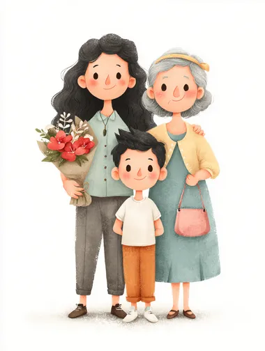 Cute cartoon photo of three generations of parents and children, full of smiles and happiness. The little boy is wearing a white short-sleeved shirt with orange pants underneath. He has black hair, black eyes, fair skin, slender legs, white shoes, a bouquet of carnations in his hands, and gray pants. His mother has a slightly plump face, long black curly hair that reaches her shoulders, a light blue dress with a slightly flared hem, and a small pink handbag on one arm. His grandmother is in her fifties, wearing a dress, a headband on her black hair, black eyes, and is very happy. They stand together, with the little boy in the middle, with the grandmother on one side and the mother on the other.  --s 250