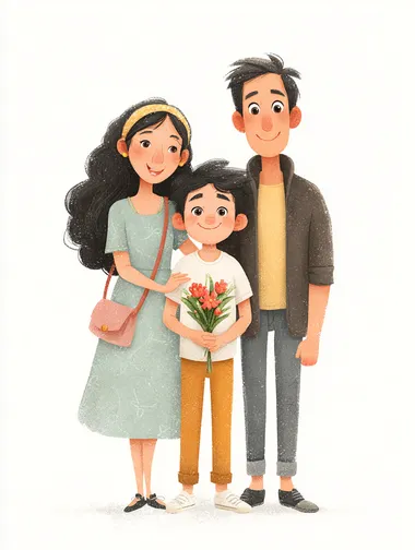 Cute cartoon photo of three generations of parents and children, full of smiles and happiness. The little boy is wearing a white short-sleeved shirt with orange pants underneath. He has black hair, black eyes, fair skin, slender legs, white shoes, a bouquet of carnations in his hands, and gray pants. His mother has a slightly plump face, long black curly hair that reaches her shoulders, a light blue dress with a slightly flared hem, and a small pink handbag on one arm. His grandmother is in her fifties, wearing a dress, a headband on her black hair, black eyes, and is very happy. They stand together, with the little boy in the middle, with the grandmother on one side and the mother on the other.  --s 250