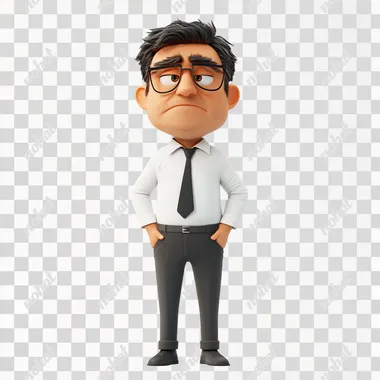 3D rendering in C4D of a broken businessman with a slightly angry expression. The character looks disheveled and frustrated, standing on a completely white background, with visible signs of stress and fatigue.