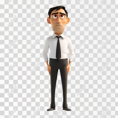 3D rendering in C4D of a broken businessman with a slightly angry expression. The character looks disheveled and frustrated, standing on a completely white background, with visible signs of stress and fatigue.