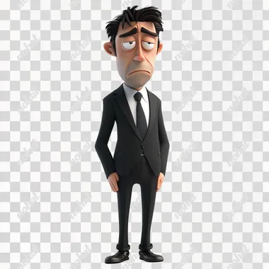 3D rendering in C4D of a broken businessman with a slightly angry expression. The character looks disheveled and frustrated, standing on a completely white background, with visible signs of stress and fatigue.