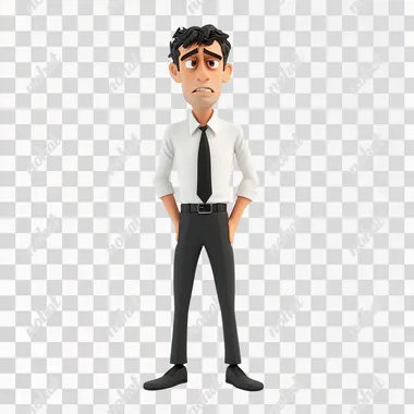 3D rendering in C4D of a broken businessman with a slightly angry expression. The character looks disheveled and frustrated, standing on a completely white background, with visible signs of stress and fatigue.