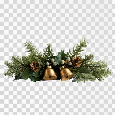 small christmas greenery with bells table isolated on white background, photo realistic, shot on table from the front view