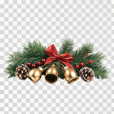 small christmas greenery with bells table isolated on white background, photo realistic, shot on table from the front view