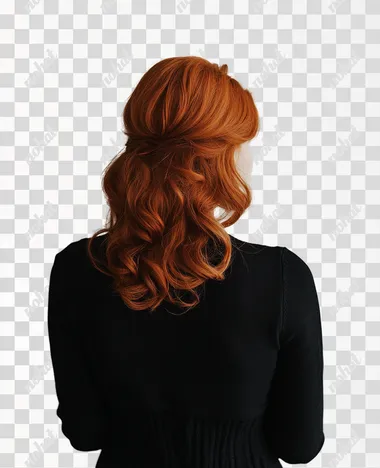 woman in regular clothes, redhead, view from behind, real photo, white background