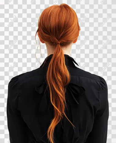 woman in regular clothes, redhead, view from behind, real photo, white background