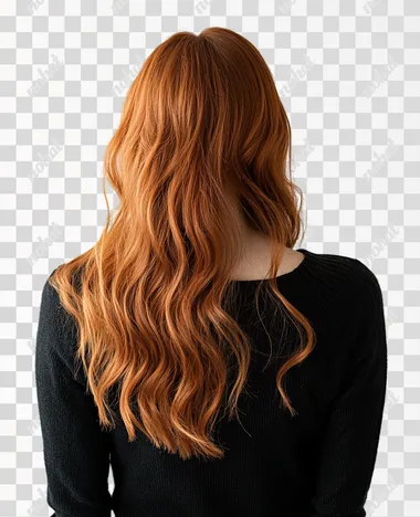 woman in regular clothes, redhead, view from behind, real photo, white background