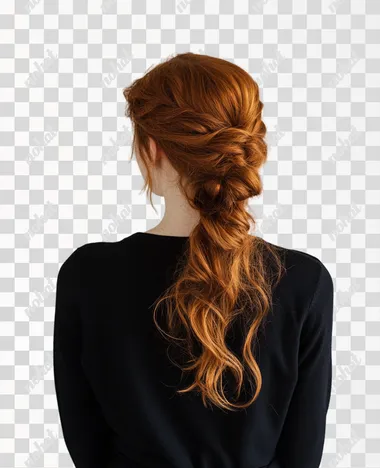 woman in regular clothes, redhead, view from behind, real photo, white background