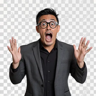 a man wearing a gray suit and a black shirt, short black hair, round black-framed glasses, standing against a plain white background, captured mid-shout with his mouth wide open and both hands raised in a surprised, comical gesture realistic photography, full body shot, front-facing, high resolution