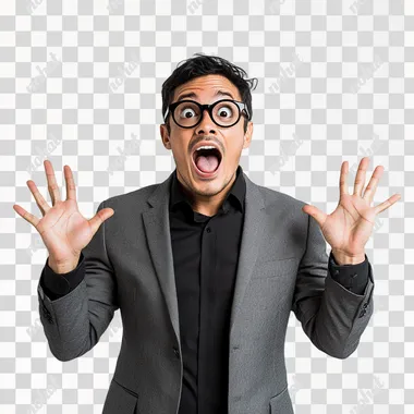 a man wearing a gray suit and a black shirt, short black hair, round black-framed glasses, standing against a plain white background, captured mid-shout with his mouth wide open and both hands raised in a surprised, comical gesture realistic photography, full body shot, front-facing, high resolution