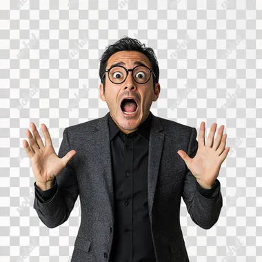 a man wearing a gray suit and a black shirt, short black hair, round black-framed glasses, standing against a plain white background, captured mid-shout with his mouth wide open and both hands raised in a surprised, comical gesture realistic photography, full body shot, front-facing, high resolution