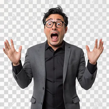 a man wearing a gray suit and a black shirt, short black hair, round black-framed glasses, standing against a plain white background, captured mid-shout with his mouth wide open and both hands raised in a surprised, comical gesture realistic photography, full body shot, front-facing, high resolution