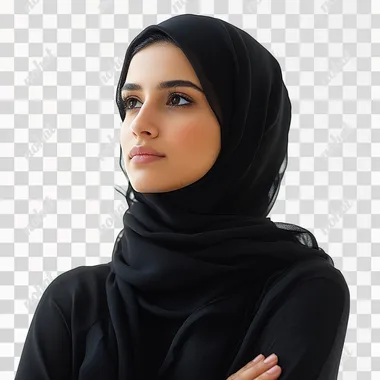 young saudi woman showing from her waist up looking sideways isolated on white background --s 250